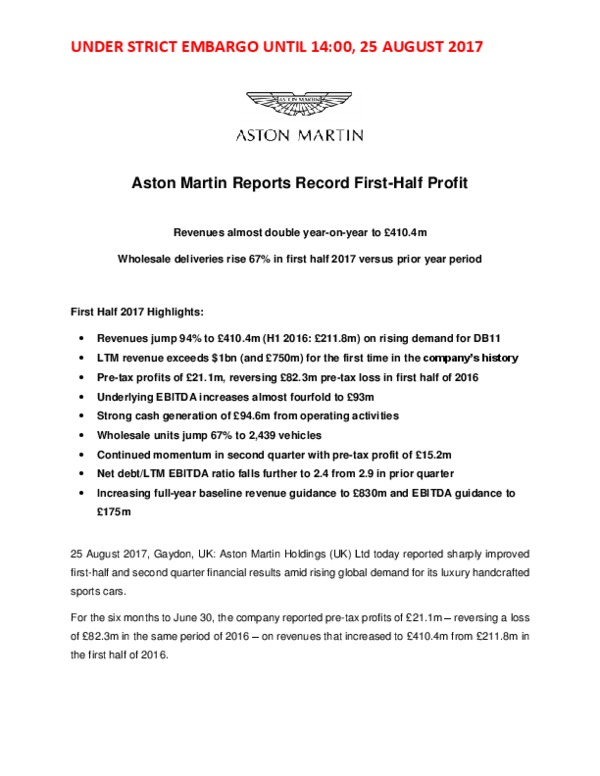 Aston Martin 2017 H1 Results Release 