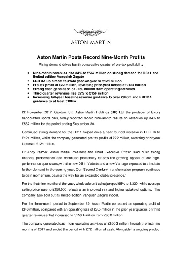 Aston Martin Posts Record Nine-Month Profits