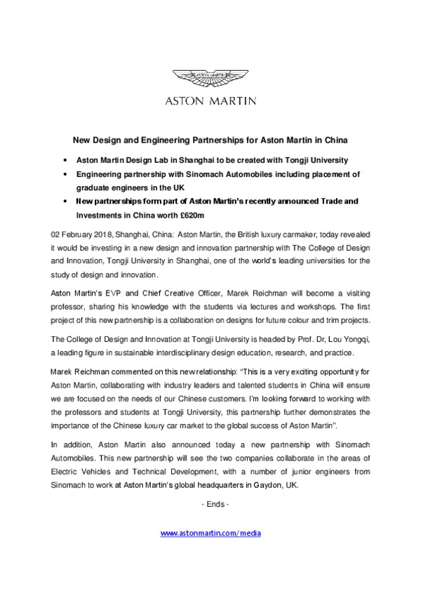New Design and Engineering Partnerships for Aston Martin in China