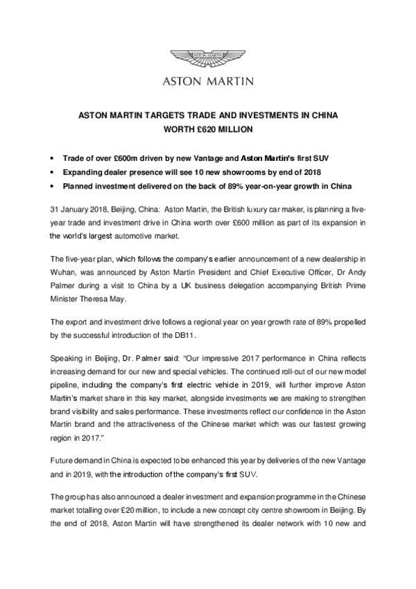 Aston Martin targets trade and investments in China worth £620 million-pdf