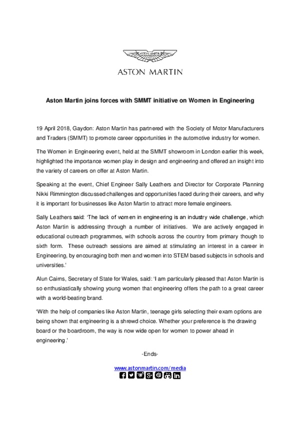 Aston Martin joins forces with SMMT initiative on Women in Engineering