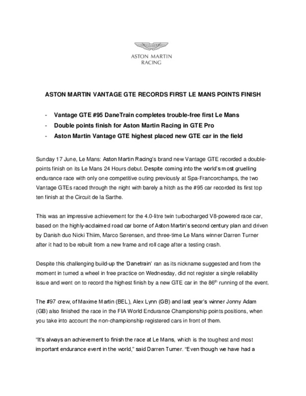 ASTON MARTIN VANTAGE GTE RECORDS FIRST LE MANS POINTS FINISH-pdf