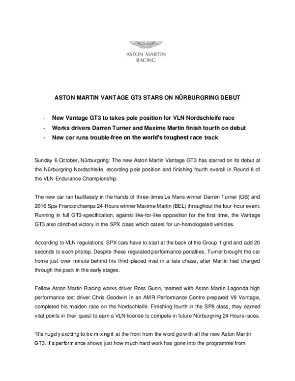 ASTON MARTIN VANTAGE GT3 STARS ON NÜRBURGRING DEBUT  