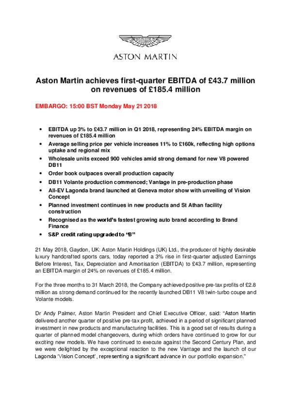 Aston Martin achieves first-quarter EBITDA of 43-7 million on revenues of 185-4 million-pdf