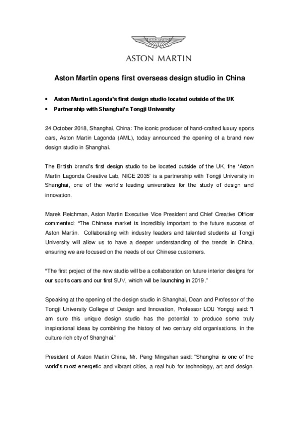 Aston Martin opens first overseas design studio in China
