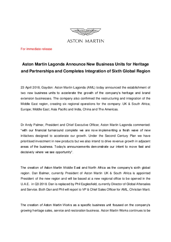 Aston Martin Lagonda Announce New Business Units for Heritage and Partnerships and Completes Integration of Sixth Global Region -pdf