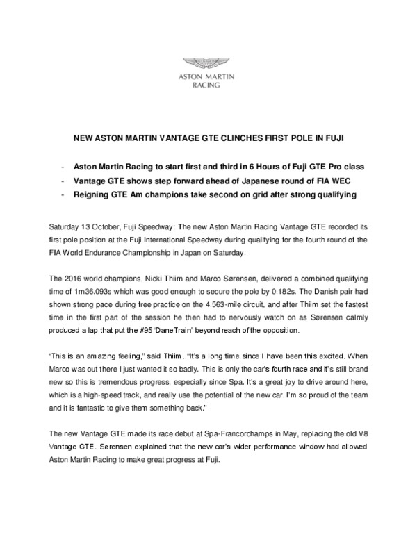NEW ASTON MARTIN VANTAGE GTE CLINCHES FIRST POLE IN FUJI