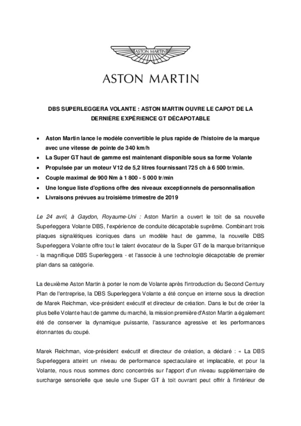 DBS SUPERLEGGERA VOLANTE : ASTON MARTIN OUVRE LE CAPOT DE LA DERNIÈRE EXPÉRIENCE GT DÉCAPOTABLE