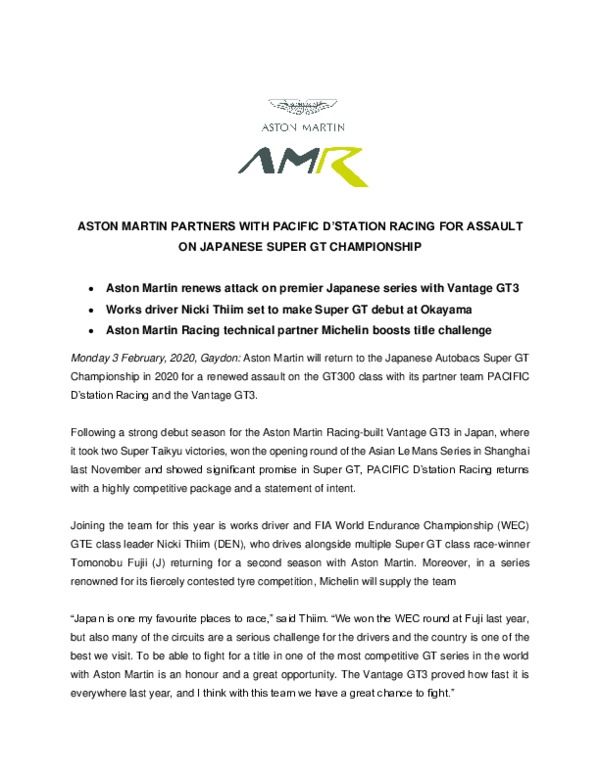 ASTON MARTIN PARTNERS WITH PACIFIC D’STATION RACING FOR ASSAULT ON JAPANESE SUPER GT CHAMPIONSHIP