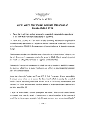 ASTON MARTIN TEMPORARILY SUSPENDS OPERATIONS AT MANUFACTURING SITES-pdf