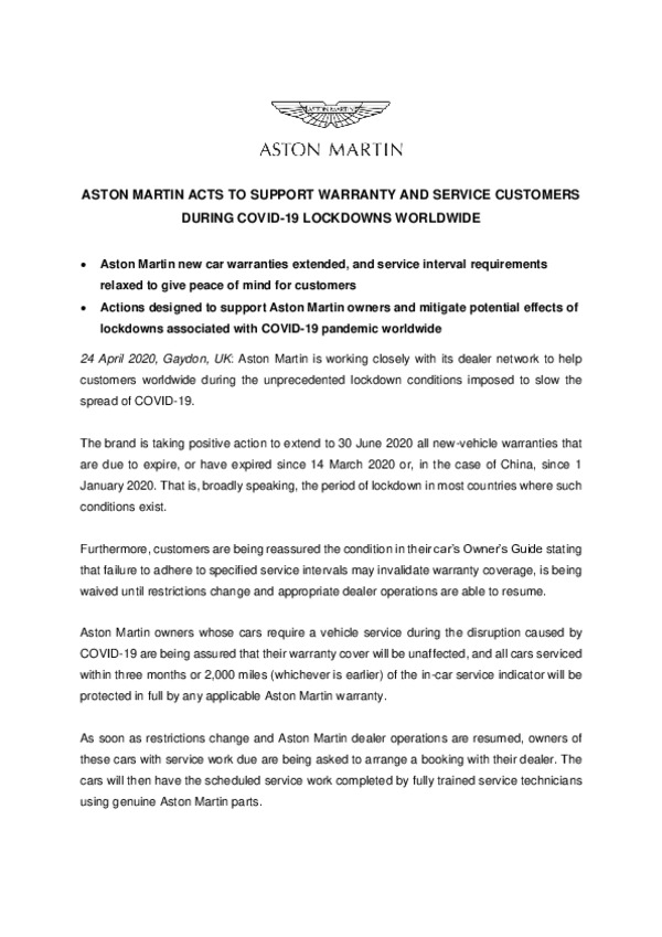 ASTON MARTIN ACTS TO SUPPORT WARRANTY AND SERVICE CUSTOMERS DURING COVID-19 LOCKDOWNS WORLDWIDE-pdf