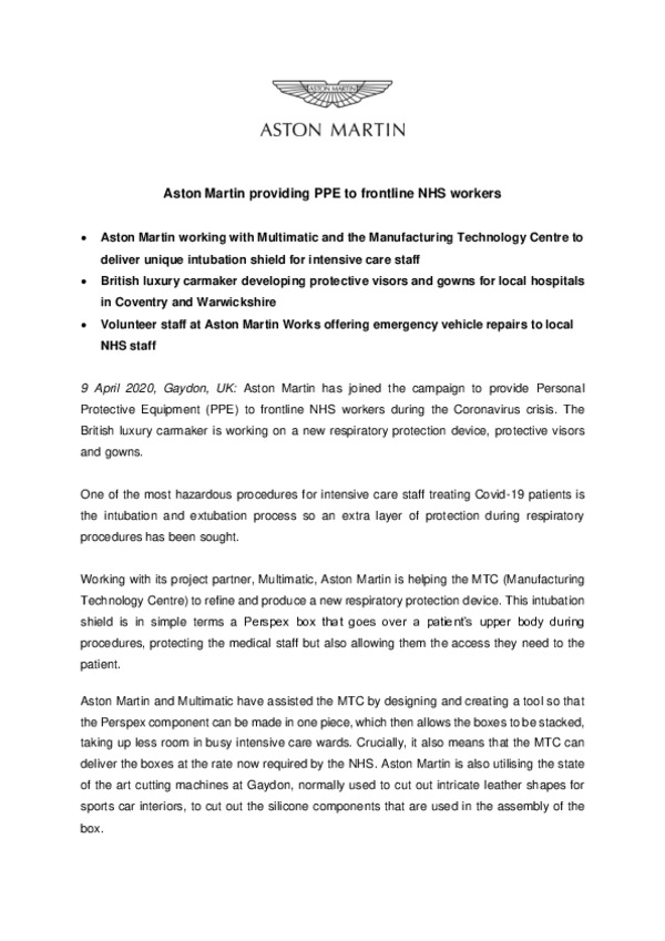 Aston Martin providing PPE to frontline NHS workers-pdf
