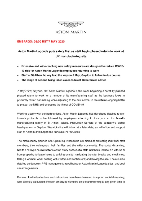 Aston Martin Lagonda puts safety first as staff begin phased return to work at UK manufacturing site FINAL-pdf