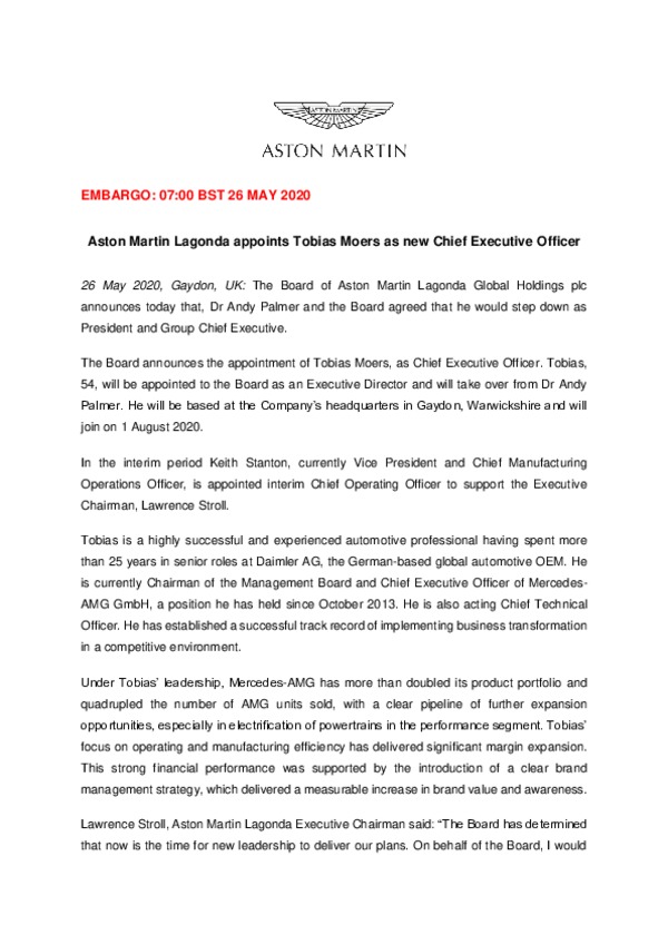 Aston Martin Lagonda appoints Tobias Moers as new Chief Executive OfficerFINAL260520-pdf