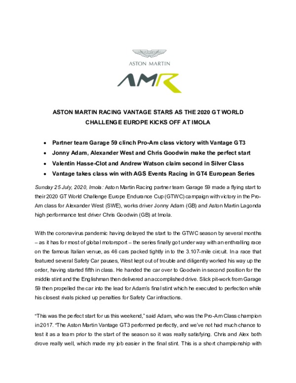 ASTON MARTIN RACING VANTAGE STARS AS THE 2020 GT WORLD CHALLENGE EUROPE KICKS OFF AT IMOLA-pdf