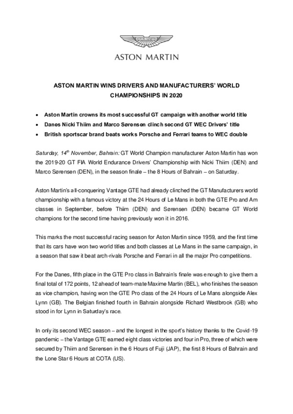 ASTON MARTIN WINS DRIVERS AND MANUFACTURERS’ WORLD CHAMPIONSHIPS IN 2020