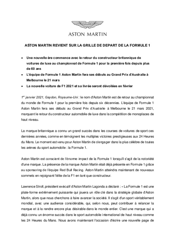 ASTON MARTIN REVIENT SUR LA GRILLE DE DEPART DE LA FORMULE 1-pdf