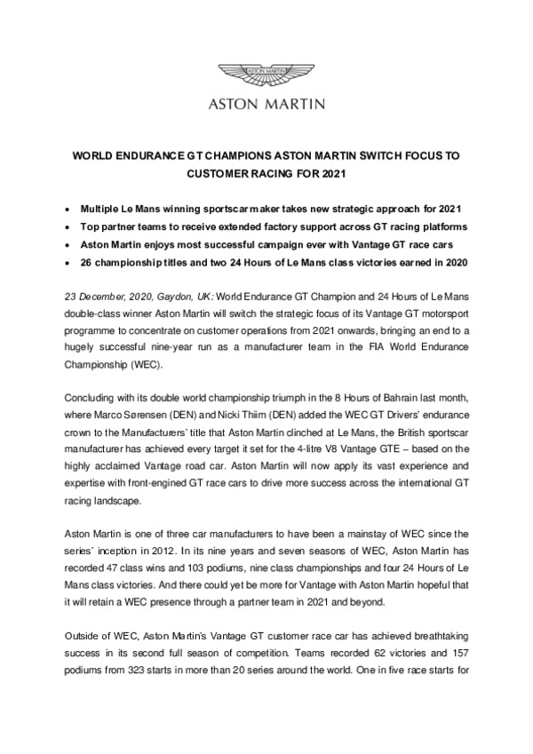 WORLD ENDURANCE GT CHAMPIONS ASTON MARTIN SWITCH FOCUS TO CUSTOMER RACING FOR 2021-pdf
