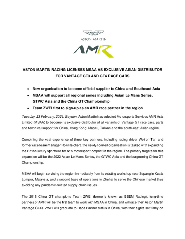 ASTON MARTIN RACING LICENSES MSAA AS EXCLUSIVE ASIAN DISTRIBUTOR FOR VANTAGE GT3 AND GT4 RACE CARS