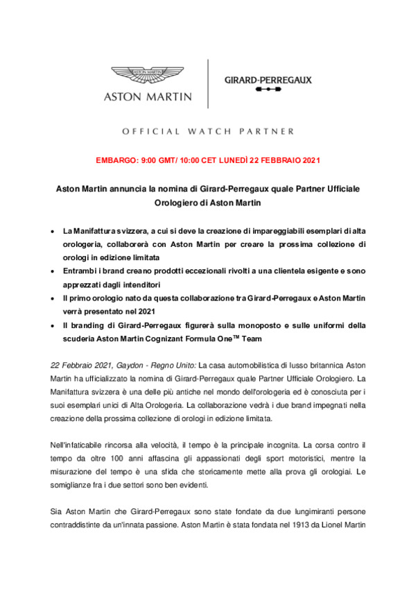 ITALIAN - Aston Martin annuncia la nomina di Girard-Perregaux quale Partner Ufficiale Orologiero di Aston Martin -pdf