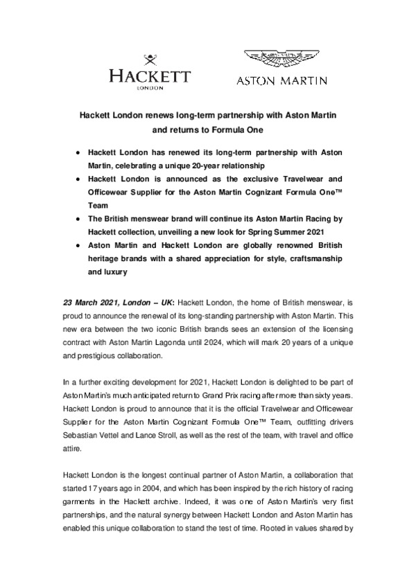 HACKETT LONDON RENEWS LONG-TERM PARTNERSHIP WITH ASTON MARTIN AND RETURNS TO FORMULA ONE-pdf