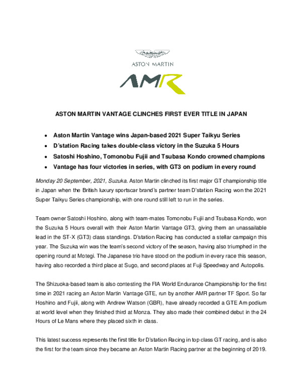 ASTON MARTIN VANTAGE CLINCHES FIRST EVER TITLE IN JAPAN