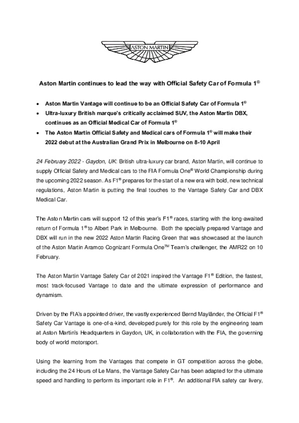 ASTON MARTIN CONTINUES TO LEAD THE WAY WITH OFFICIAL SAFETY CAR OF FORMULA 1®