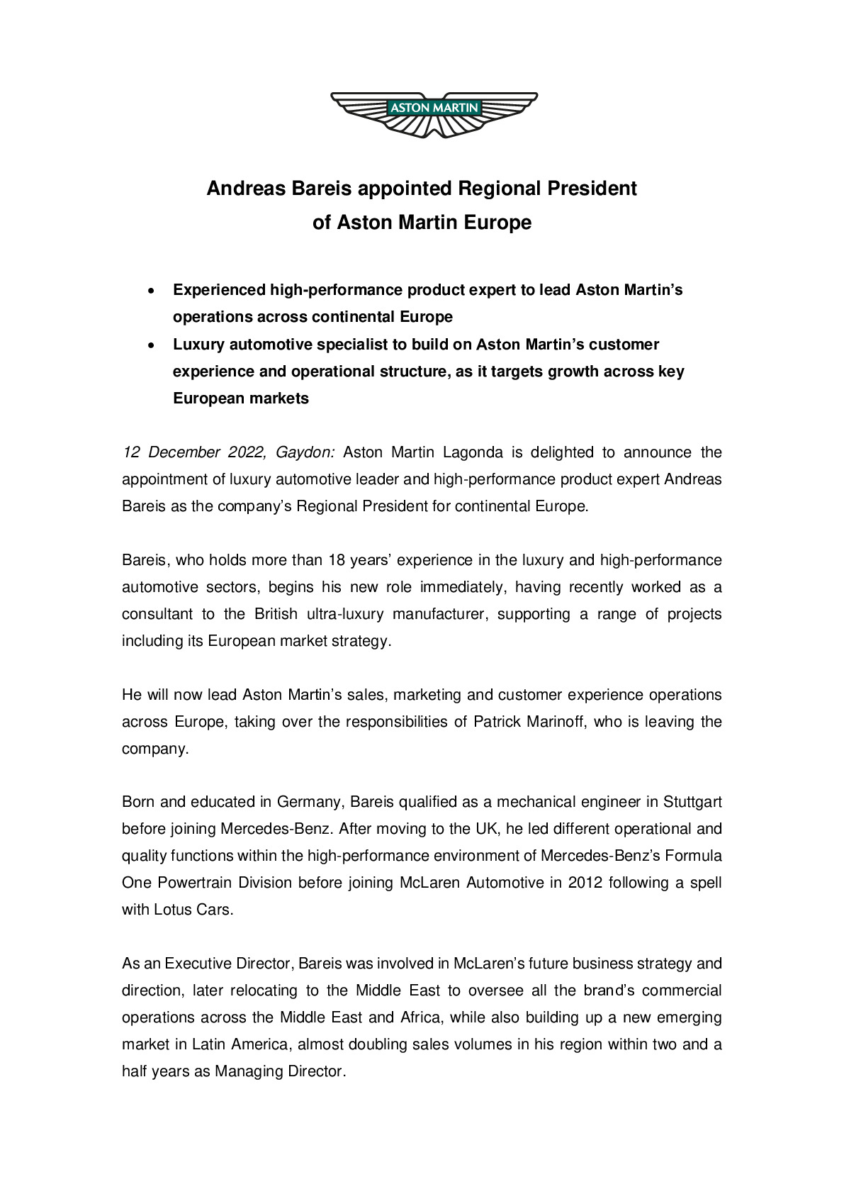 Andreas Bareis appointed Regional President of Aston Martin Europe